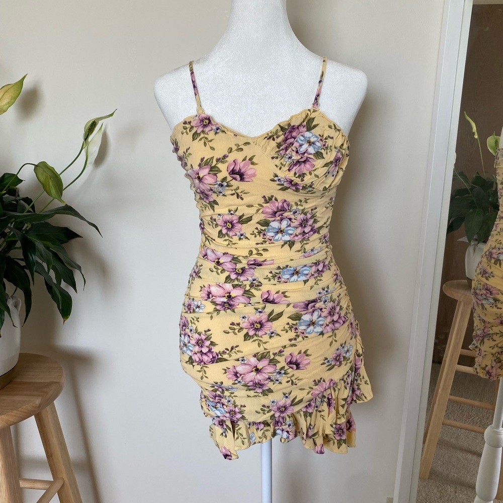 Floral body dress and furry purple cardigan